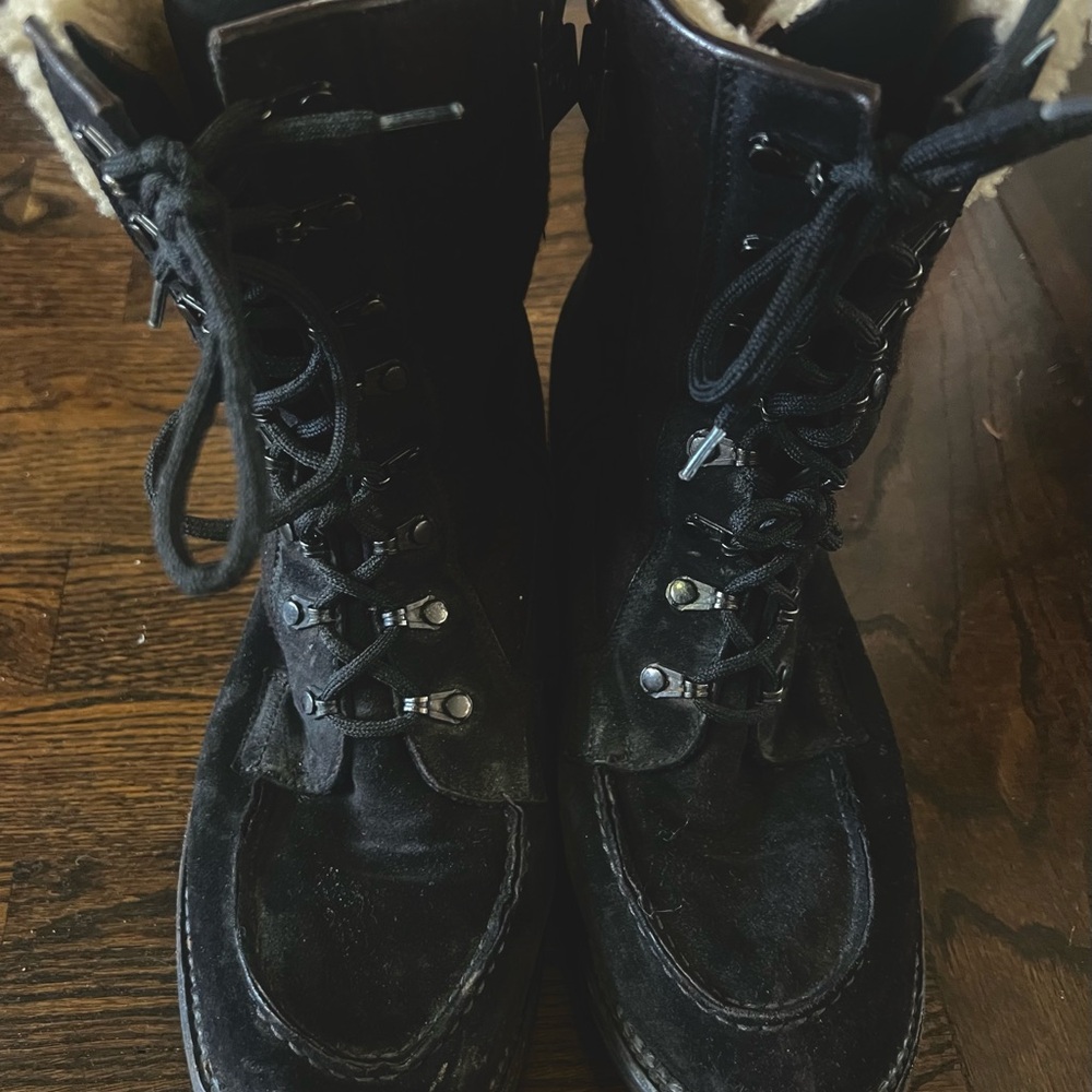 Authentic CHANEL Suede Leather and Shearling Moto Biker Boots pair